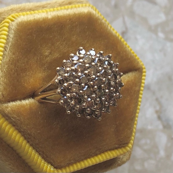 1.50 Carat Cognac Diamond Yellow Gold Cluster Cocktail Vintage Modern Ring - Picture 4 of 11